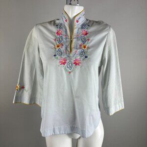 Vtg 70s Embroidered Blouse Light Blue Womens Floral V-neck Mandarin Collar M